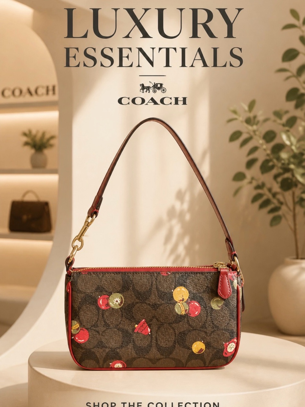 Coach Brown Signature Canvas Wristlet with Red, Yellow & Green Accents NWOT